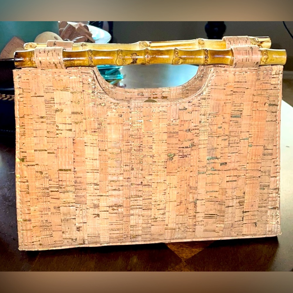Alessia Bianchi Gold Cork Clutch Purse With Bamboo Handle New NWOT